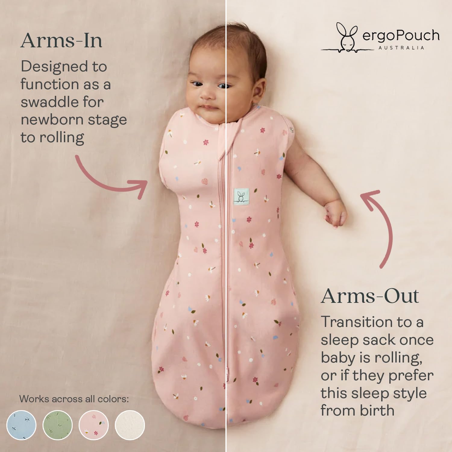 ergoPouch Cocoon Swaddle Sack 0.2 TOG - Baby Sleep Sack, Gentle Snug Fit Helps Calm Startle Reflex, Ideal for Arms In/Out Sleeping, Soft Breathable Fabric for Better Sleep (0 Months, Daisies) - Image 4