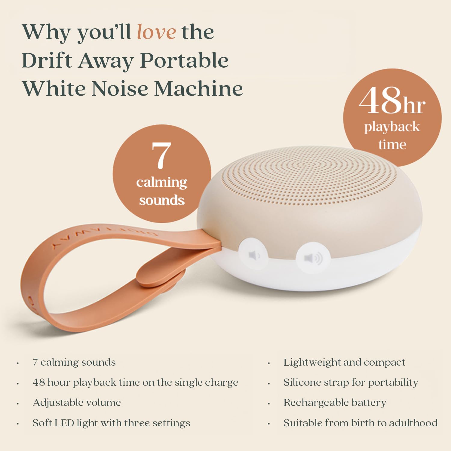 ergoPouch Drift Away White Noise Machine Taupe – Portable Sound Therapy for Baby & Adult, 7 Soothing Sounds, Rechargeable Battery, Adjustable Light - Home, Travel, and Registry Gift - Image 3